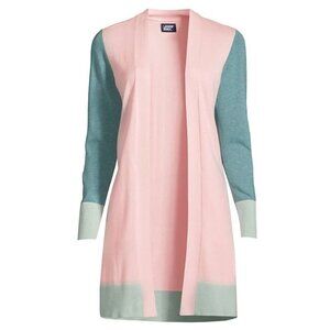 Land's End Womens 1X Long Open Front Cardigan Pink Colorblock Cabincore Pastel